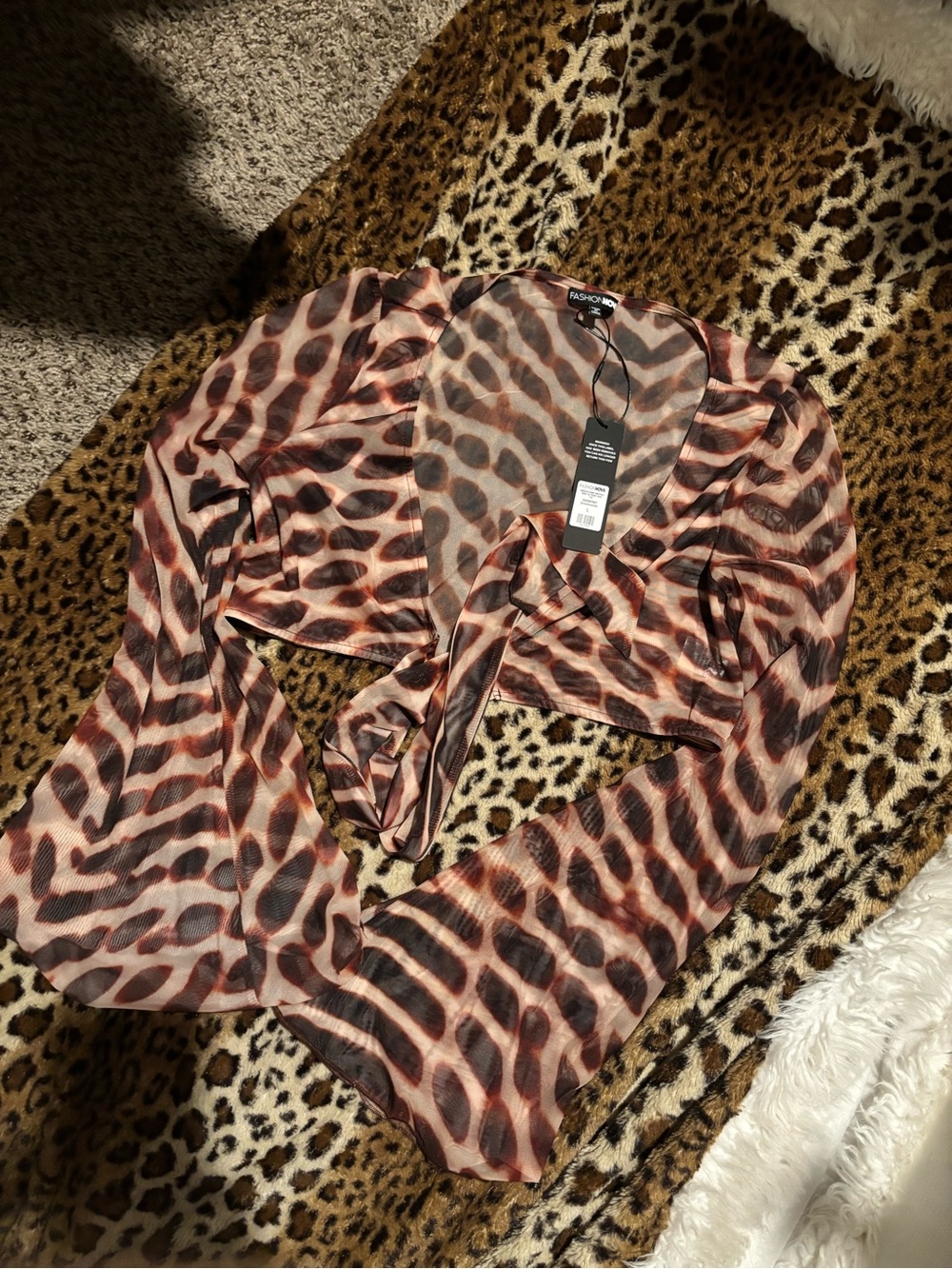 Fashion Nova Brown & Black Sheer Animal-Print Tie-Front Crop Top
